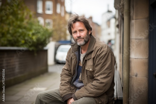 Handsome middle aged man with gray hair and beard wearing a brown jacket sitting outside a home on an urban street