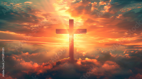 Majestic Christian Cross Pierces Heavenly Clouds with Sunburst Glow - Religious Symbolism in Nature's Embrace