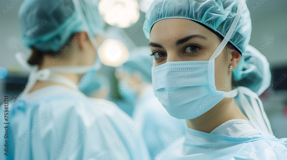 A group of female surgeons wearing green scrub suits are working together to perform a surgery in an operation room. The atmosphere is serious and focused as they work to save a patient's life.