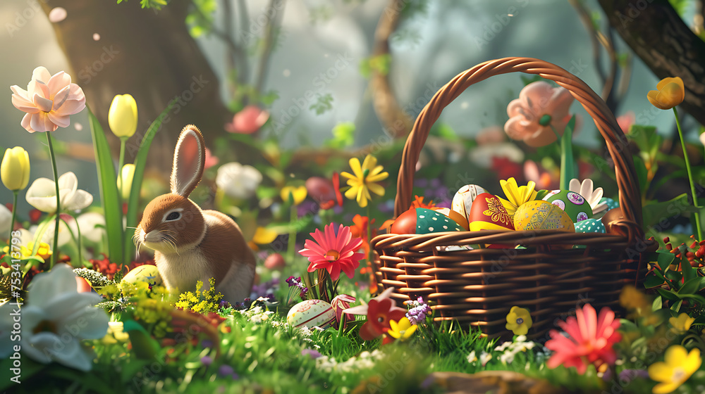 Happy Easter background with easter bunny, easter eggs, easter basket and flowers scene. AI Generated - obrazy, fototapety, plakaty 
