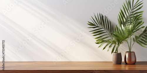 Teak wood table with palm leaves shadow on white wall. Backdrop  Products display  Beautiful wood grain  Summer  Natural.