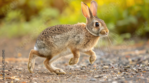 Hare jumping on the path in the countryside