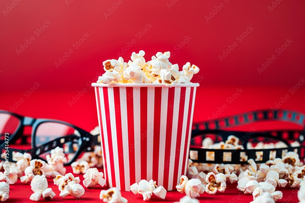 Popcorn Bucket With Sunglasses on a Bright Red Background Suggesting a Movie Theme