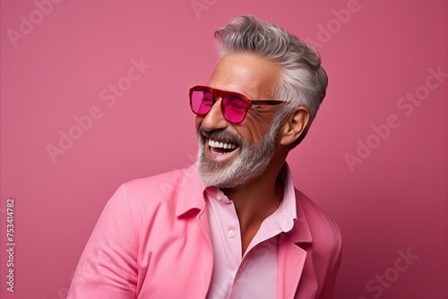 Handsome senior man with grey hair and sunglasses posing against pink background