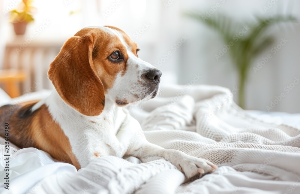 Beagle Dog Resting on a Cozy White Blanket in Bright Daylight Beagle Dog Resting on a Cozy White Blanket in Bright Daylight