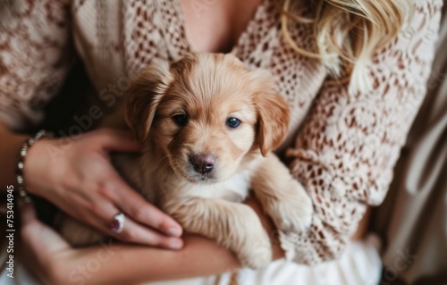 Gentle Embrace Puppy in the Warm Arms of Its Owner