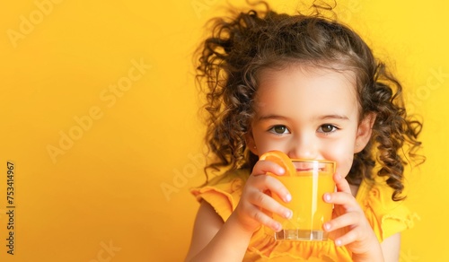 Young Girl With Curly Hair Enjoying a Glass of Orange Juice Against a Yellow Background