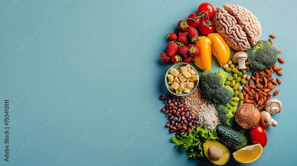 Healthy foods with a human brain model kept on a clean blue surface and top view and a big space for text or product, Generative AI.
