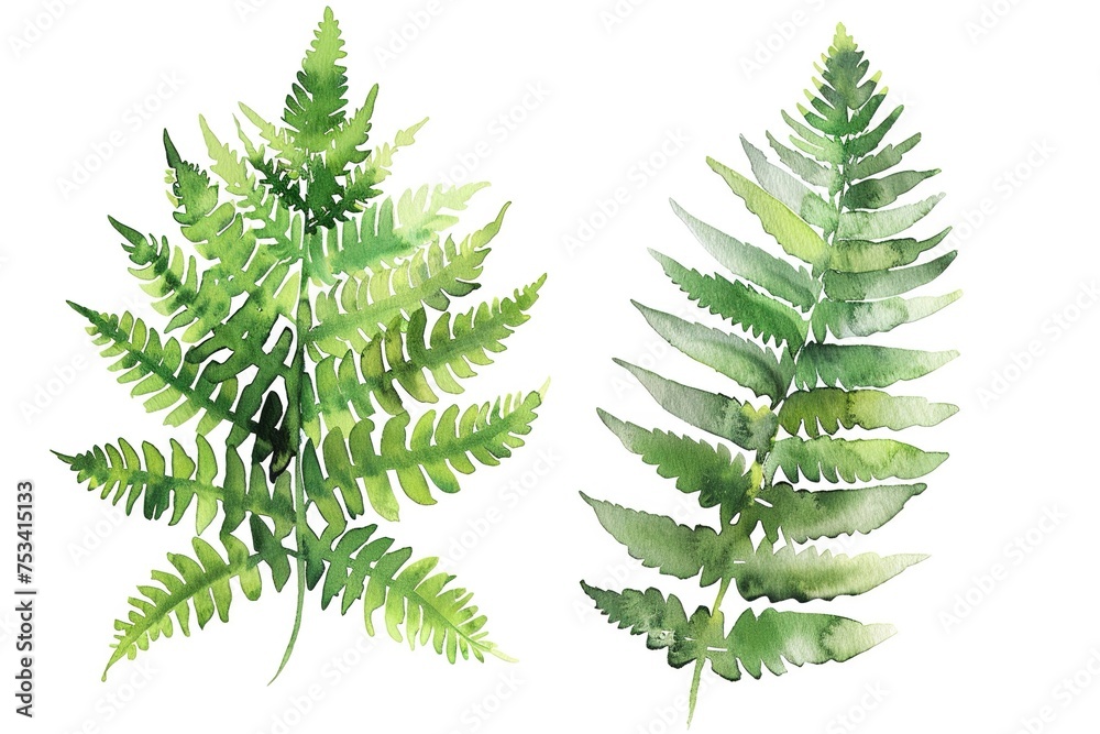 Green fern leaves, watercolor painting.