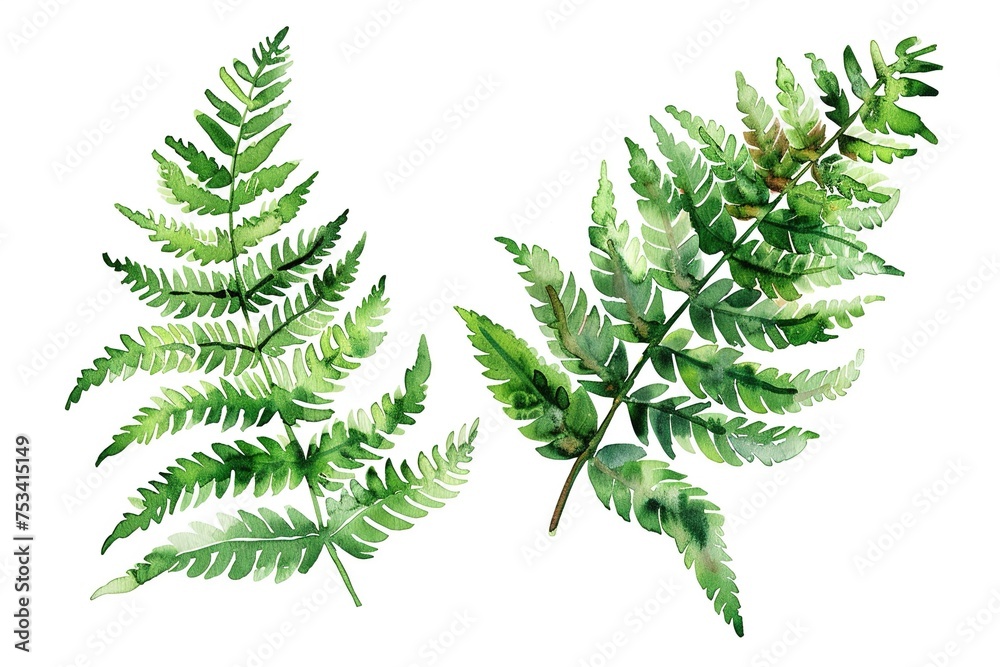 Green fern leaves, watercolor painting. Green fern leaves, watercolor painting.