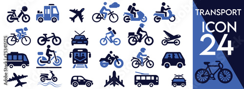 Transport icon set. Containing car, bike, plane, train, bicycle, motorbike, bus and scooter icons. flat vector
