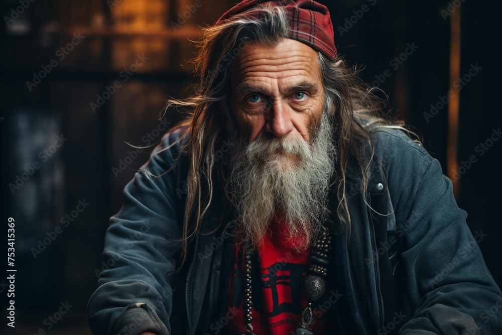 portrait of an old man with a long gray beard and mustache in a red bandana on a dark background