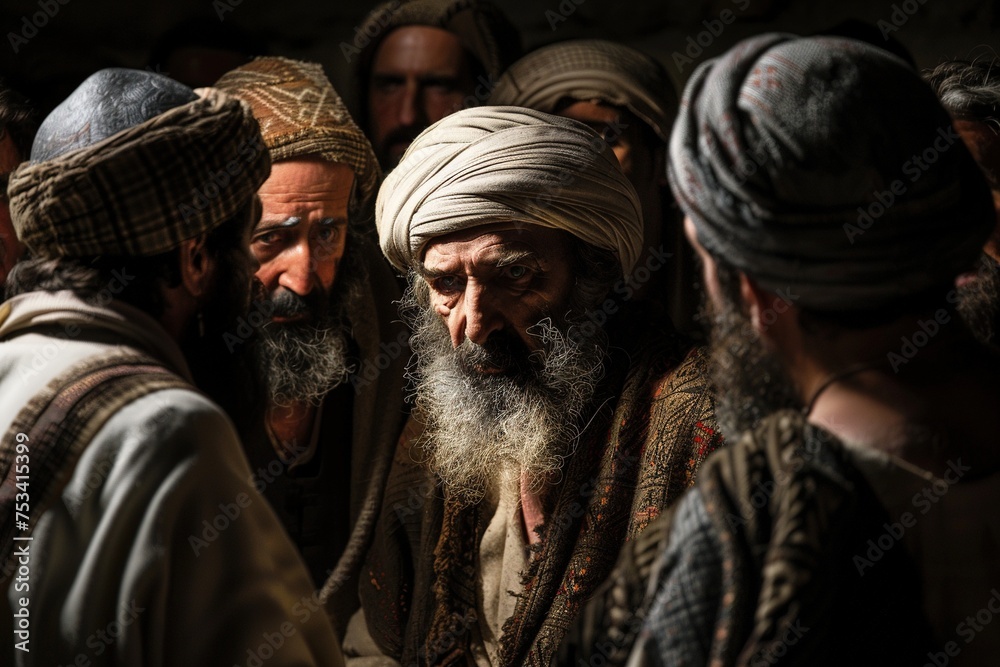 A group of Pharisees are talking to each other. Biblical characters. 