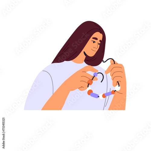 Happy girl creates handmade necklace, jewellery from beads. Young woman makes handcraft jewelry, bijouterie in leisure. Beadwork, handicraft, needlework. Flat isolated vector illustration on white