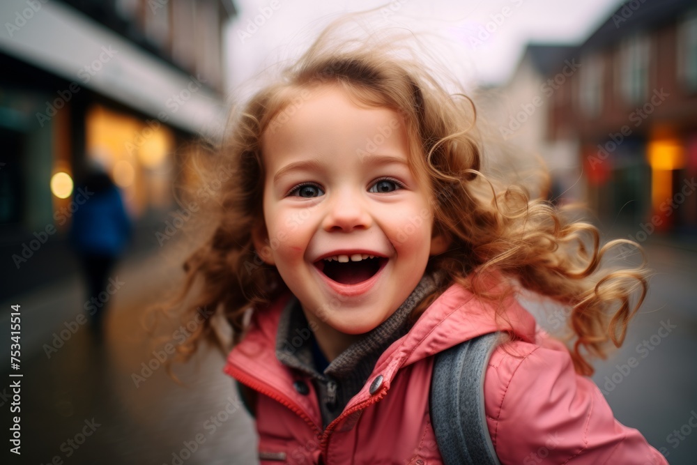 A portrait of a happy little girl in a pink jacket on the street A portrait of a happy little girl in a pink jacket on the street