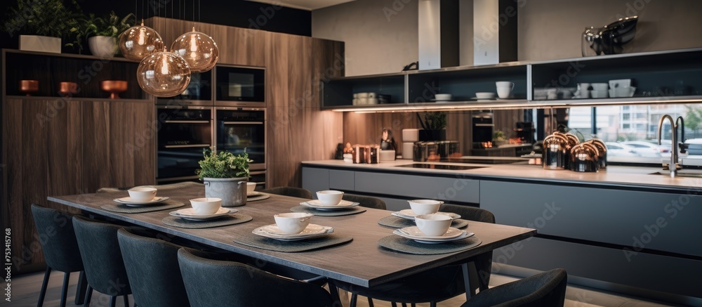 Modern kitchen decor in a luxurious apartment showroom