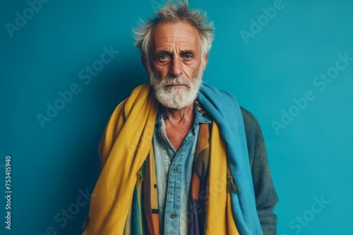 Portrait of a senior man with grey hair and beard wearing a colorful blanket and looking at the camera on a blue background