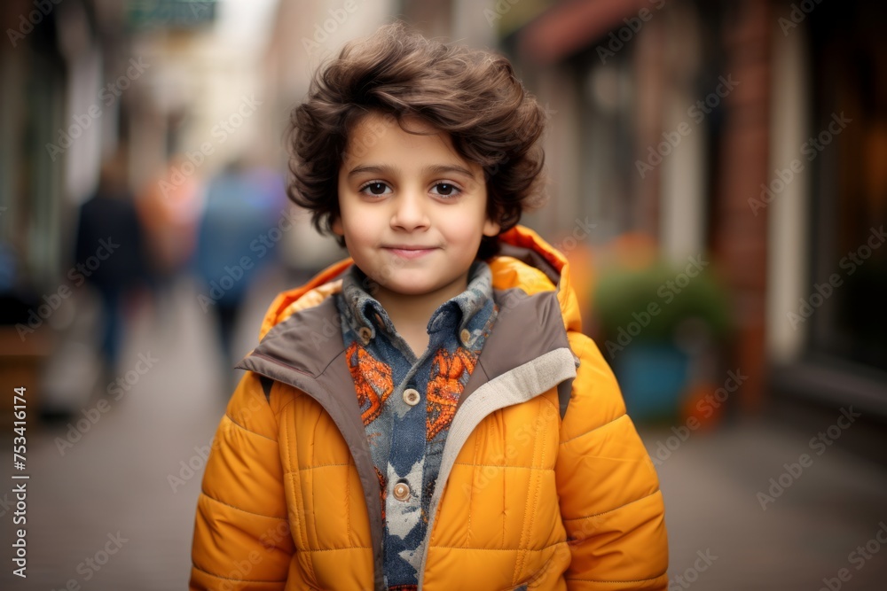 childhood, fashion and people concept - smiling little boy in yellow jacket over street background childhood, fashion and people concept - smiling little boy in yellow jacket over street background