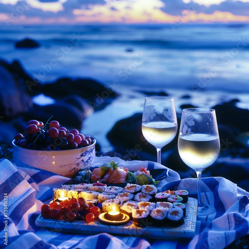 Serene Beach Picnic at Dusk with Sushi and White Wine