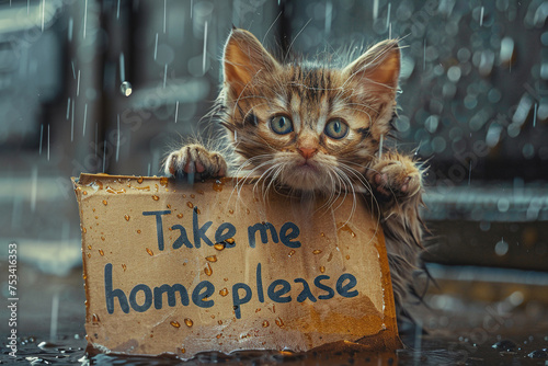 Wet kitten in the rain holding a sign "Take me home please".