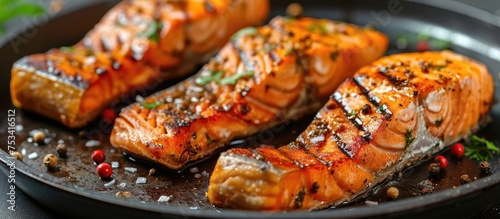 Closeup view of grilled salmon steak on a pan.