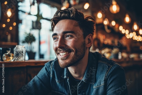 Portrait of handsome young man in jeans jacket sitting in a pub. photo