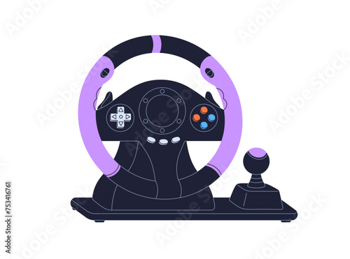Steering wheel with joystick, car race game. Videogame accessory, gamers simulation gadget, controller for auto rally playing, driving simulator. Flat vector illustration isolated on white background