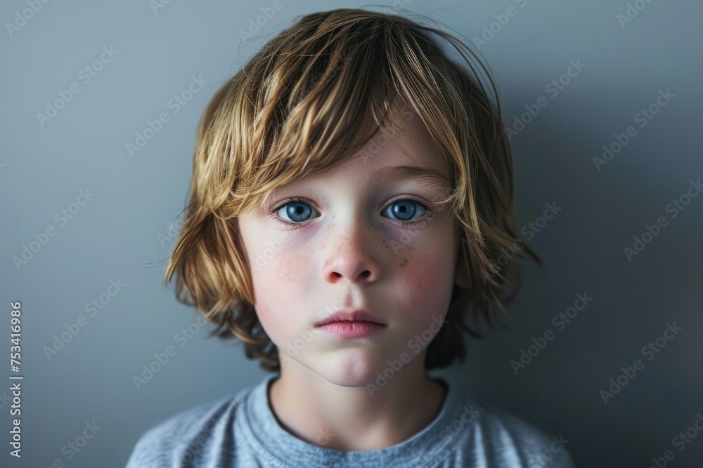 Portrait of a little boy with blond hair and blue eyes.