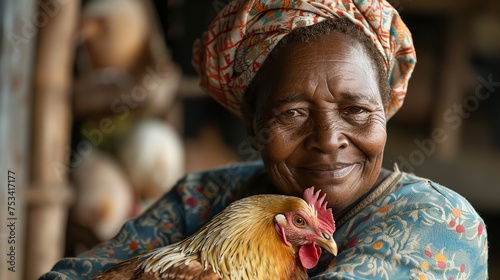 Joyful African American woman at farm clutching chicken while glancing towards camera against chicken in background, Generative AI. photo
