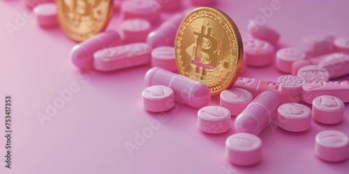 Bitcoin and pills on a pink background. Bitcoin as a medicine for the economy. Cryptocurrency bitcoin as a payment option for medicines.