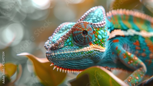  Close-Up of Vivid Green Chameleon, Generative AI