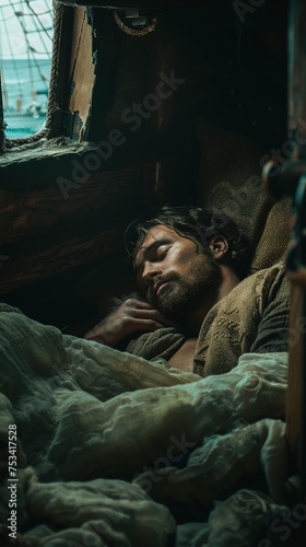 Jonah sleeping in the cabin of a ship. Bible story.