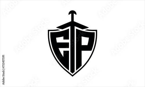 EP initial letter shield icon gaming logo design vector template. batman logo, sports logo, monogram, polygon, war game, symbol, playing logo, abstract, fighting, typography, icon, minimal, knife logo