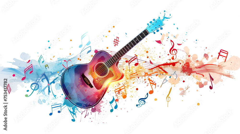 Naklejka premium Colorful guitar with music notes isolated vector illustration. generative ai 
