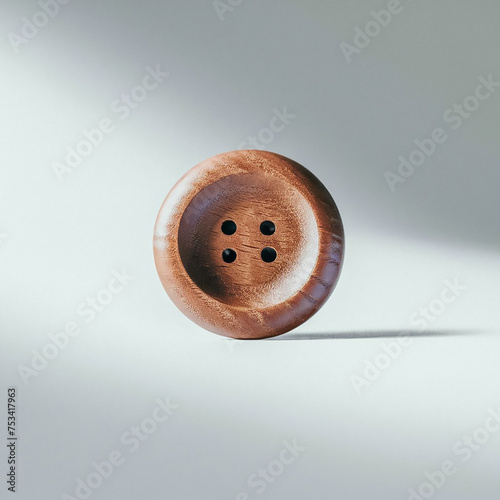 Wooden Button on White Background. minimalist, high-quality photo of a wooden button, showcasing its natural grain and texture.