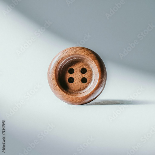 Wooden Button on White Background. minimalist, high-quality photo of a wooden button, showcasing its natural grain and texture.
