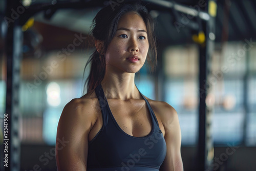 Muscular fit asian woman standing in gym, looking away from camera