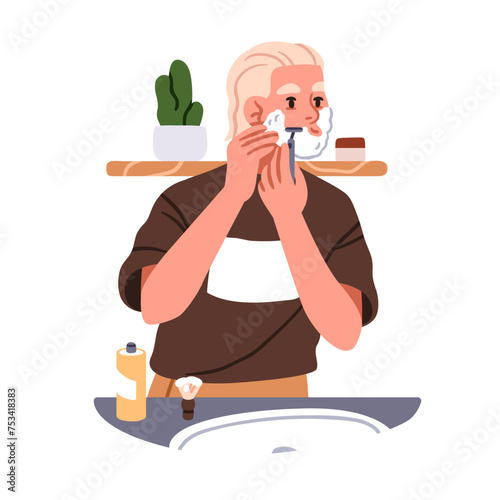 Man shaving face hair, beard with razor and foam. Male character during morning beauty routine in bathroom. Guy with shaver in front of mirror. Flat vector illustration isolated on white background