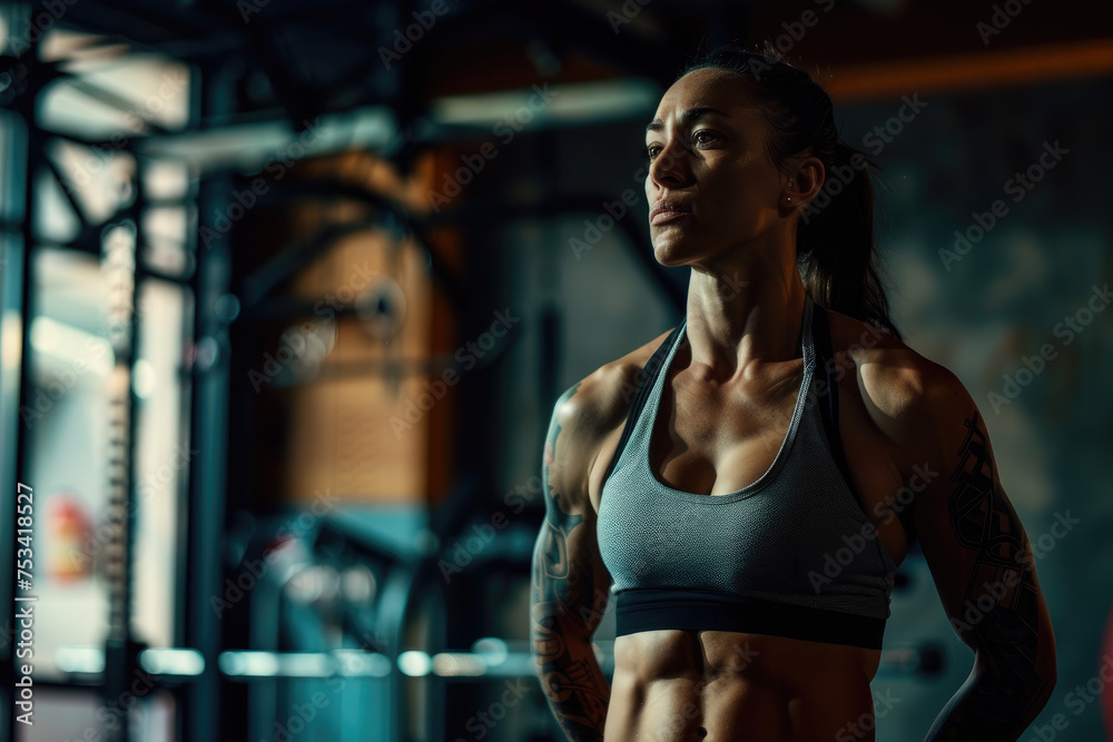 Muscular fit woman standing in gym, looking away from camera