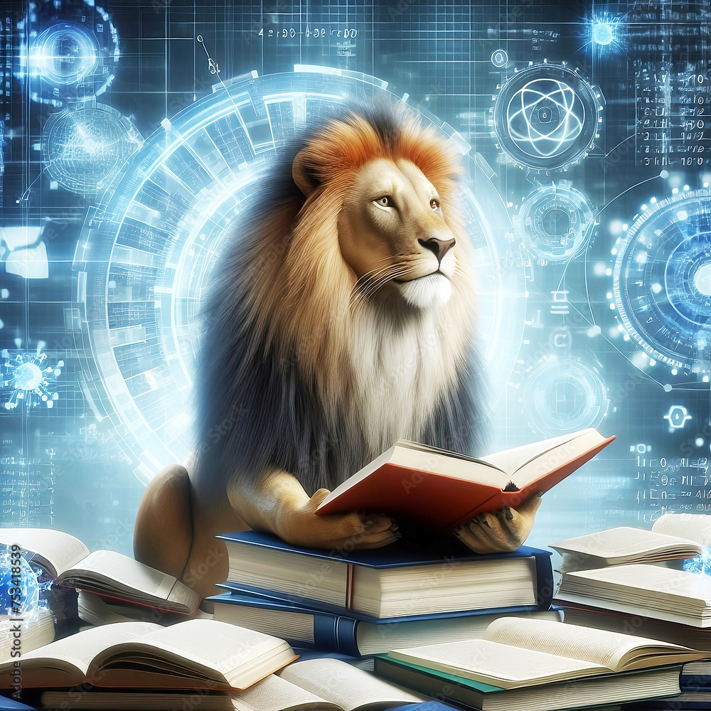 3d illustration of lion reading book and solving math data analytics in concept of future mathematics - Generative AI