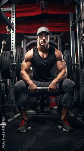 A brutal strong athletic young Man, a bodybuilder with pumped-up muscles, shoulders, biceps, triceps trains and prepares for competitions in the gym. Fitness, Sports, Healthy lifestyle concepts.