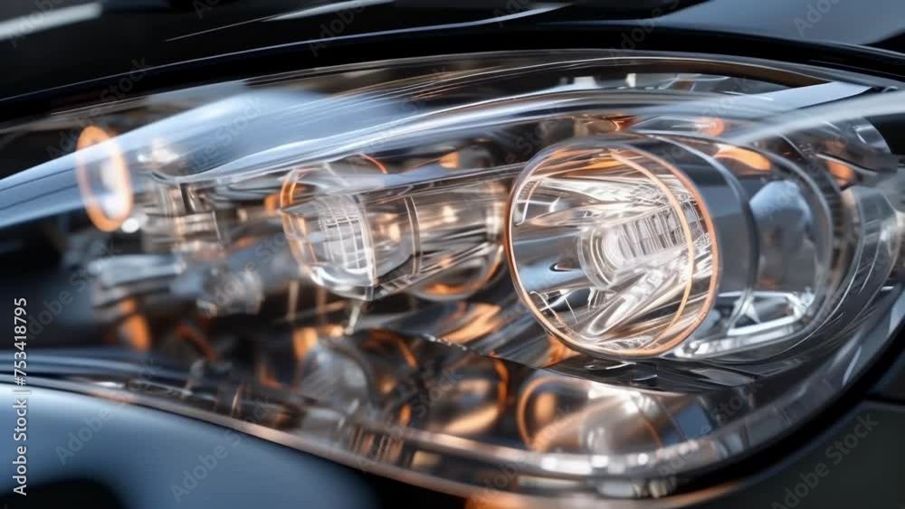 Macro view of the transparent lens cover revealing the intricate internal mechanisms and advanced engineering of the headlight design. Macro view of the transparent lens cover revealing the intricate internal mechanisms and advanced engineering of the headlight design.