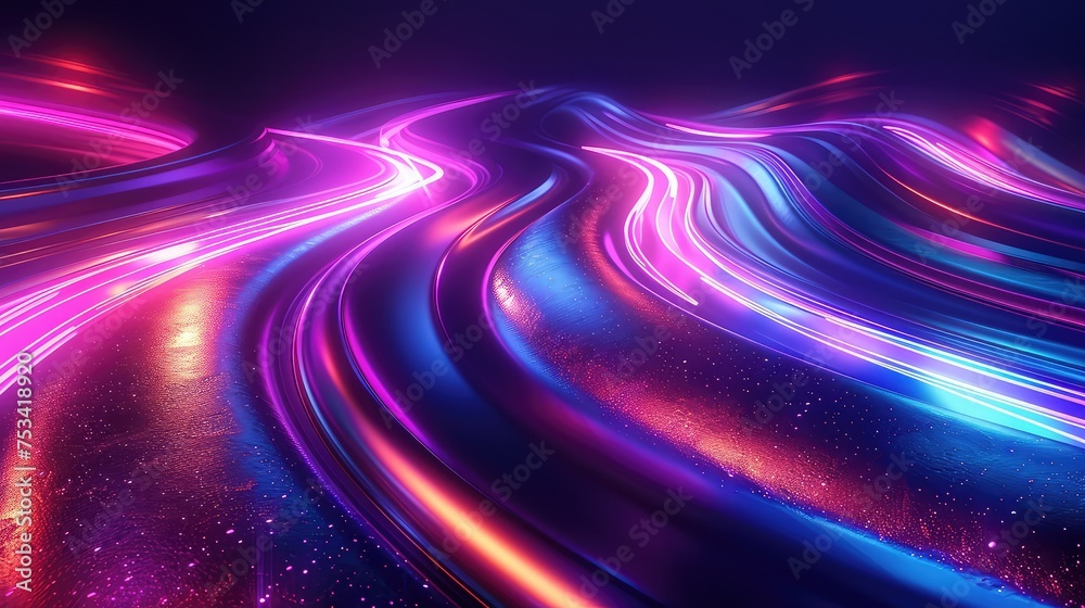 very colorful abstract road background, in the style of dark blue and violet, energy-filled illustrations,  futuristic, neon lights,curved lines