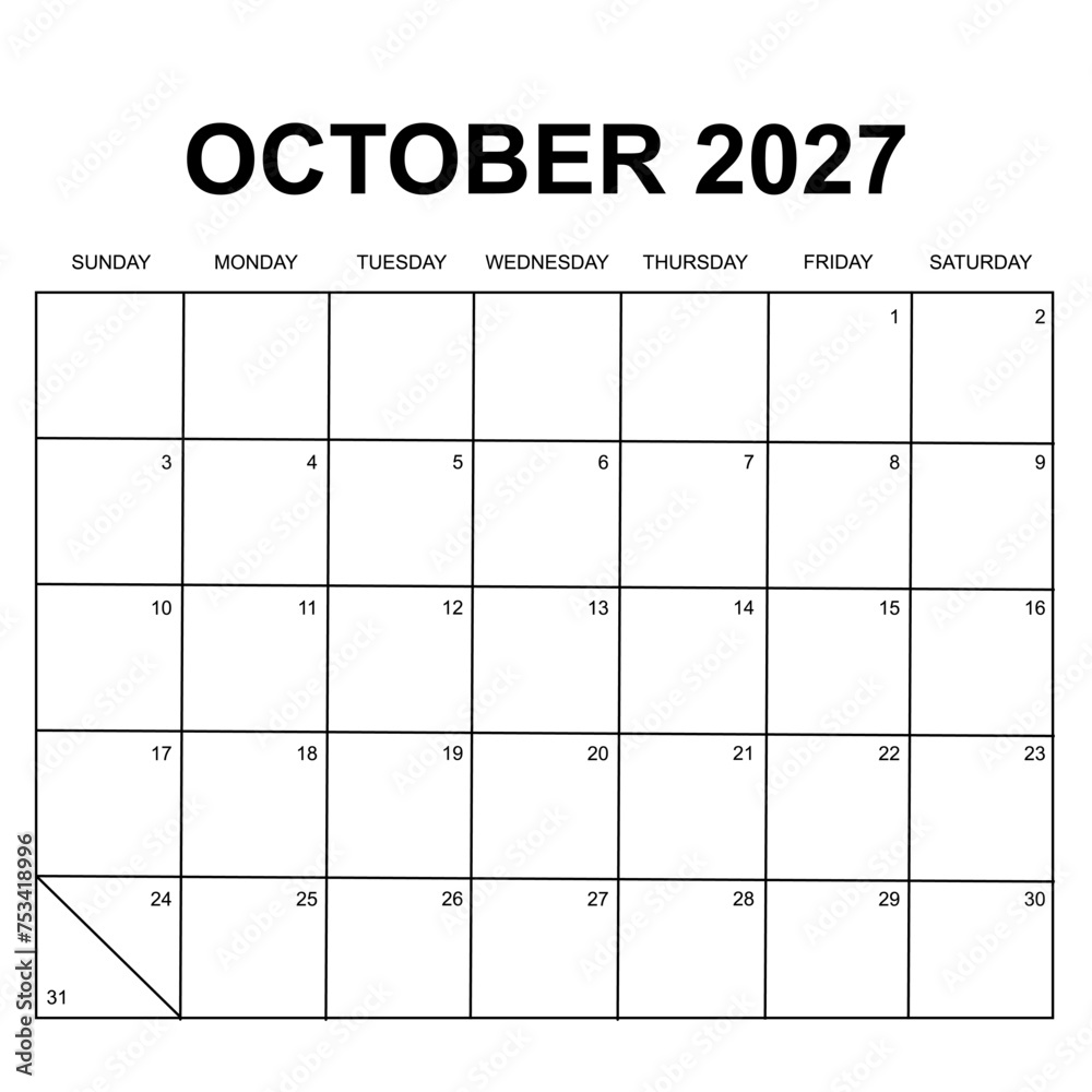 october 2027 calendar. week starts on sunday. printable, simple, and clean design. calendar vector design. - obrazy, fototapety, plakaty 