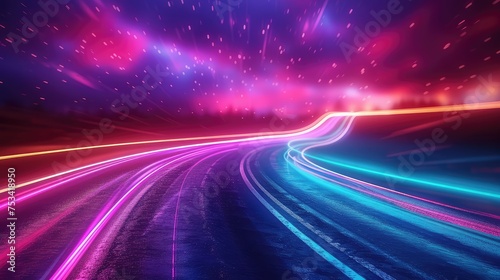 very colorful abstract road background, in the style of dark blue and violet, energy-filled illustrations, futuristic, neon lights,curved lines