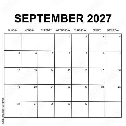 september 2027 calendar. week starts on sunday. printable, simple, and clean design. calendar vector design.