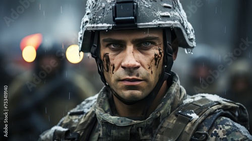 Portrait of a soldier in the rain with blood on his face