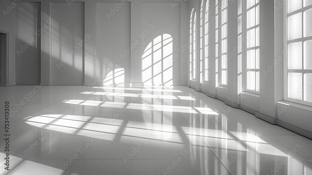 Obraz premium Monochromatic Shadows and Sunrays in Modern White Room