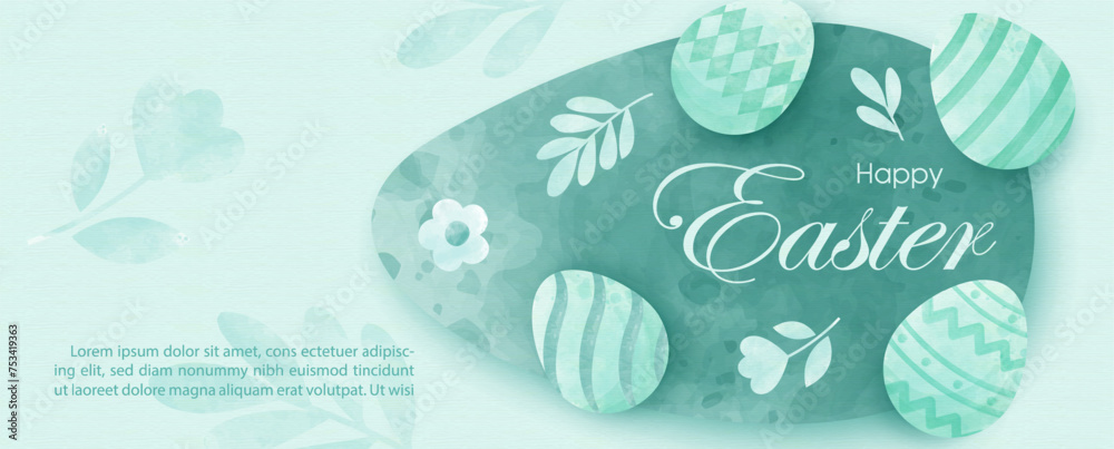Happy Easter in web banner and green mono tone watercolors style, example texts on leaf pattern background.