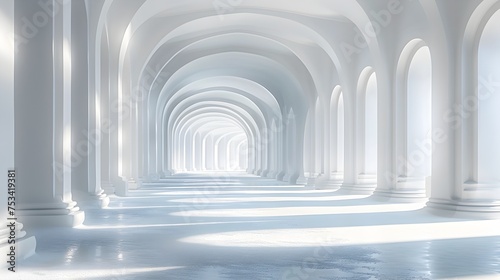 White Arches Hallway in Surreal Digital Landscape